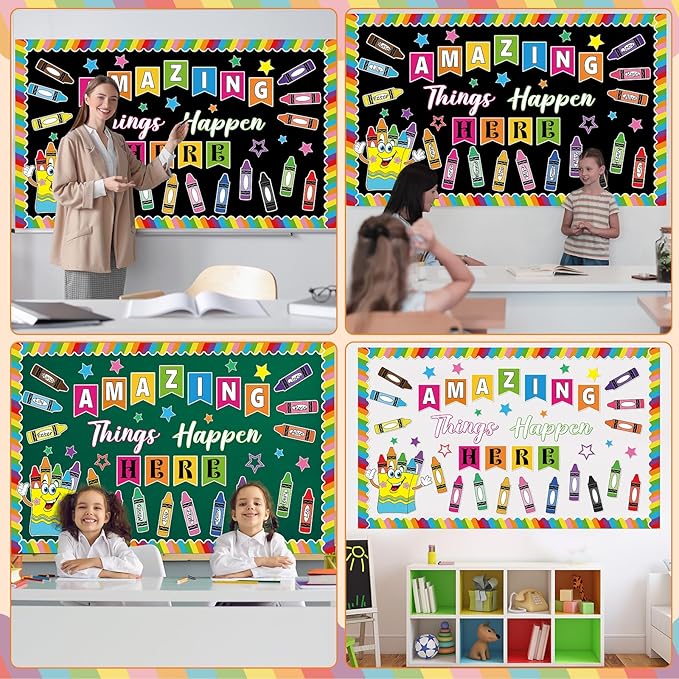 gisgfim 3D Crayon Bulletin Board Decorations Set Welcome Classroom Decor Amazing Things Happen Here Paper Cutouts Back to School Pencil Name Tag Bulletin Board Decor for School Home Chalkboard Wall