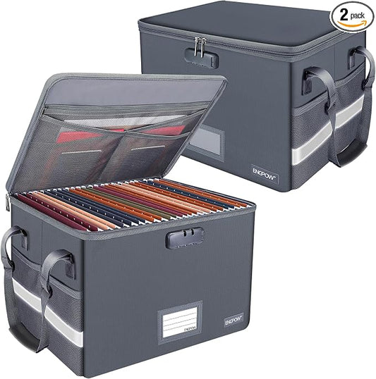 ENGPOW File Box with Lock, Fireproof Document Box with Pockets, Collapsible File Organizer Filing Storage Cabinet with Handle, Portable Home Office Safe for Hanging Letter/Legal Folders,Gray,2 Pack