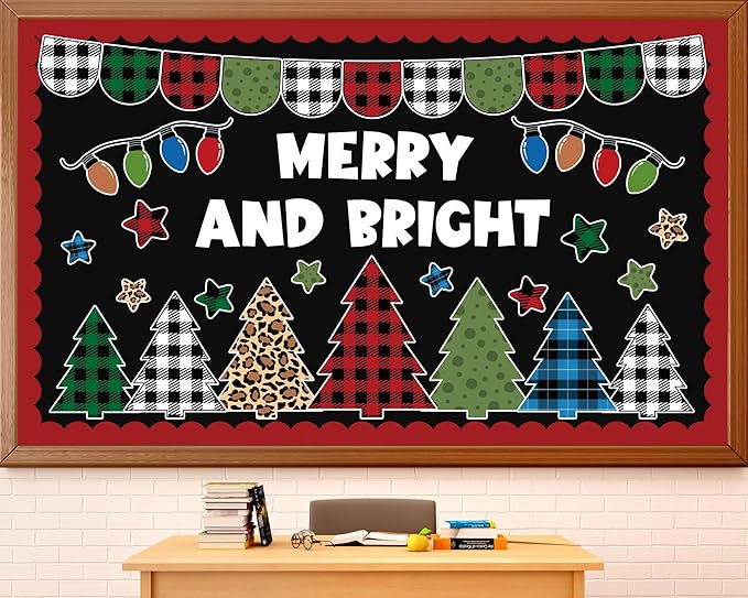 Christmas Classroom Bulletin Board Set Merry and Bright Light Bulb Plaid Xmas Tree Cutouts Retro Christmas Bulletin Board Decorations Xmas Winter Classroom Decor for Home Wall School Party Supplies