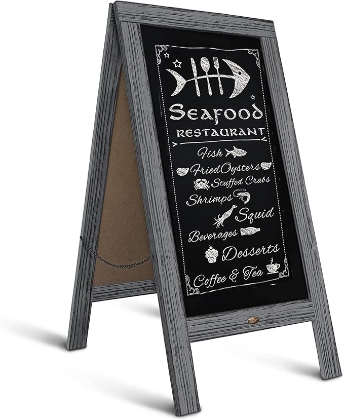 A Frame Chalkboard by HBCY Creations: 40x20 Solid Wood A-Frame Sign Graywash Double-Sided Magnetic Board, Chalkboard Menu Board, for Restaurants, Cafés, Weddings - Heavy Duty Hinges
