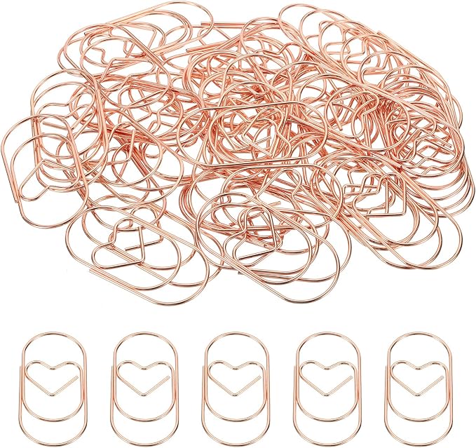 MECCANIXITY Paper Clip Heart-Shaped Cute Decorative Fun Clips Bookmarks 2 Inch Rose Gold for Organize Office Home, Pack of 50
