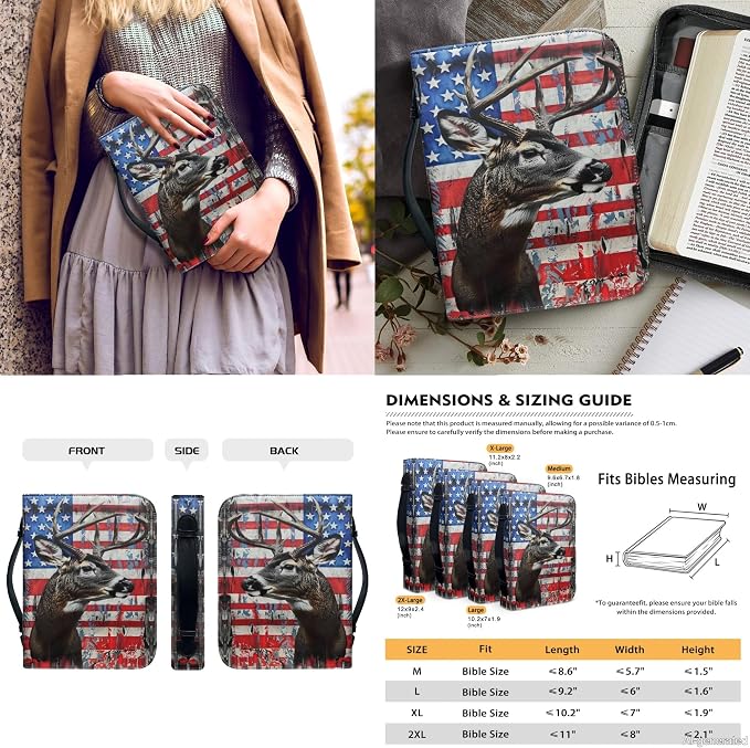 Lotusorchid American Flag Deer Print Bible Cover with Matched Book Marks for Women, PU Leather Bible Carrying Case Bible Bag for Men Protective Bible Case with Pen Storage, Size 2XL