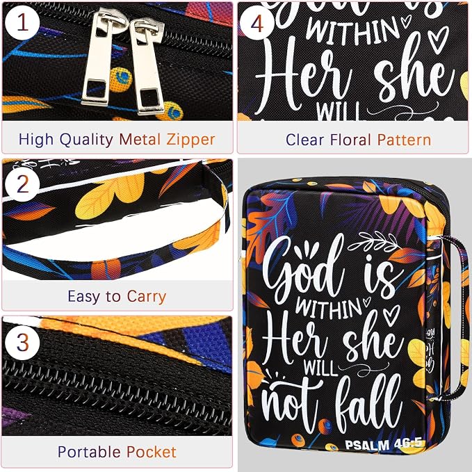 Yaomiao Bible Cover Case for Women Girls Large Bible Bag with Flowers Printing Carrying Case with Handle, 8 Pens, 90 Tabs Cover Bag Portable with Bookmarks for Study Christian Gift(Stylish Style)