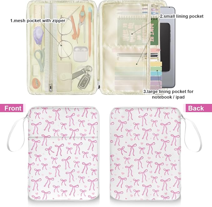 Pink Bow Printed Bible Book Sleeve with Pockets,Padded Protector Washable Book Covers,Books Pouch with Handle Zipper,Travel Book Carrying Case for Books Lover Hardcover,Mother's Day Christian Gifts
