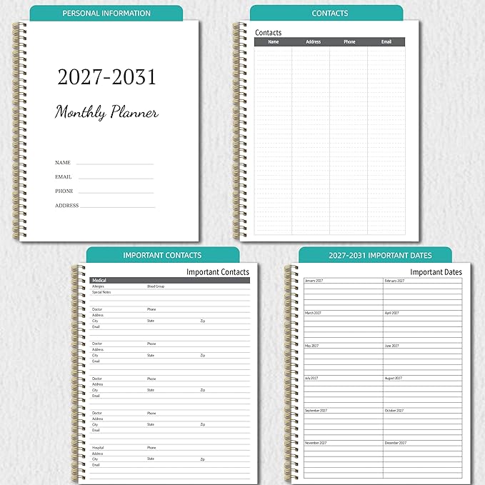 2027-2031 Monthly Planner 5 Year Monthly Planner/Calendar 2027-2031, Jan 2027 – Dec 2031, 9" x 11", Tabs, Double-Side Pocket, Holidays, Thick Paper - Green