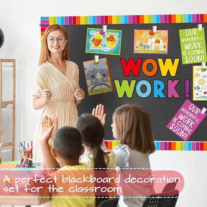 Mooliwe 139 Pcs Student Work Display Bulletin Board Decoration Set Colorful Wow Works Cutouts with Clips Names Display Classroom Wall Decor for Teachers Back to School Supplies(Rainbow,Classic)