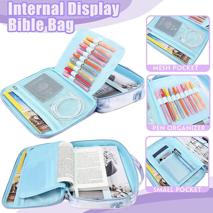 Jumpopack Bible Cover Case for Women Grils Bible Cover with Shoulder Strap Bible Case for Bible Study Accessories,Marble Blue