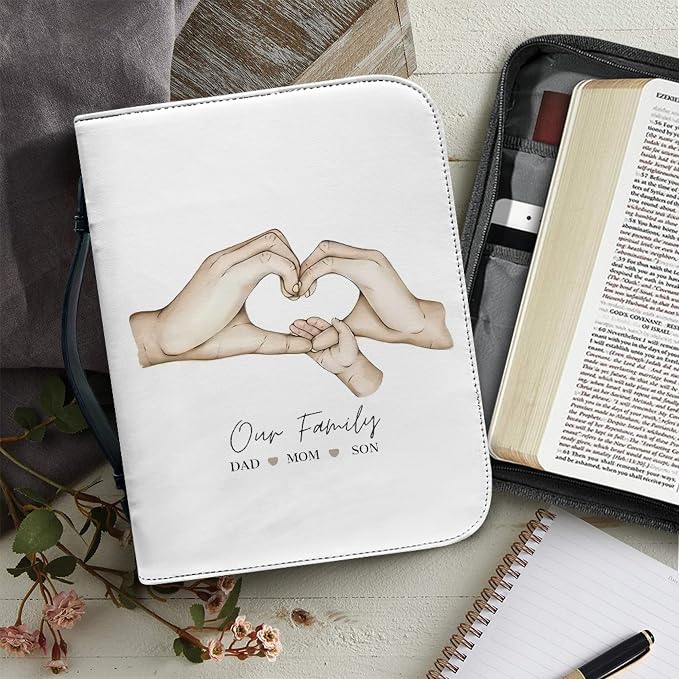 Personalized Bible Cover with Family Hands, Custom Bible Cover Case for Women Girls, Large Capacity Scripture Bag with Handle