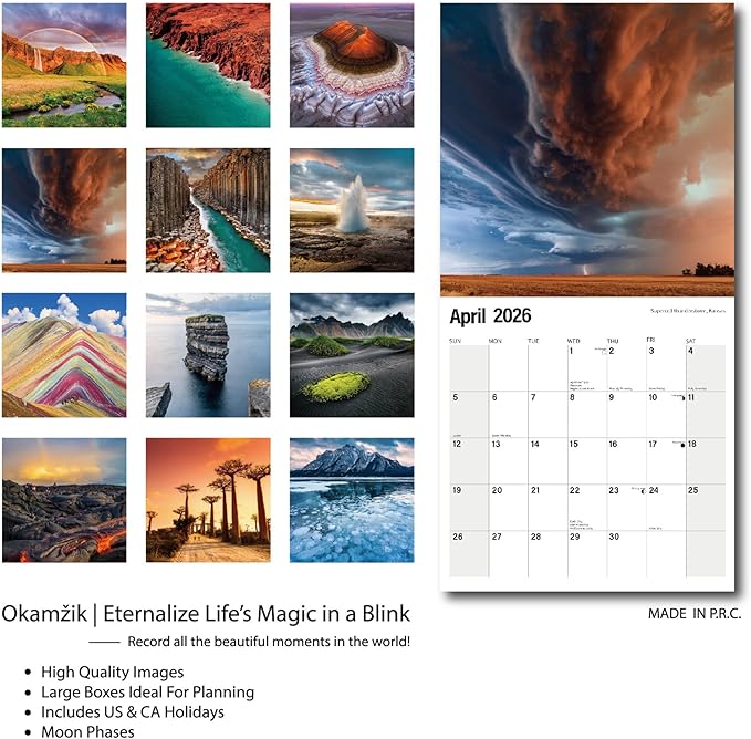Wall Calendar 2026 Planner Calendar - Amazing nature Hangable Monthly Wall Calendar with Large Blocks for Organizing & Planning, Academic Schedule, Home, Office & family, Thick & Sturdy Paper (12"x24" Open)