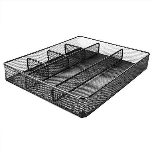 Amazon Basics Metal Mesh Desk Organizer with 6 Compartments, Anti-Slip Pen Holder Storage Tray for Office Supplies and Home, Black