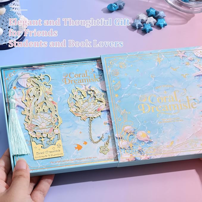 2 Pcs Metal Bookmark Gift Box, Golden Hollow Bookmarks Ocean Painting Theme Book Mark for Women, Book Lovers Writers Readers and Teens, Perfect for Birthday and Graduation Gifts(Green)