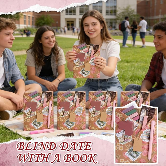 Blind Date with a Book Gift Box 6 Set Flower Blind Book Date Gifts Supplies Includes Kraft Paper Tags Floral Bookmark Pens Stickers Book Lover Club Gift for Women Bookish Family Reader