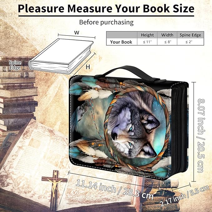 Bible Cover for Men Women,Large Leather Bible Case Fit Book Up to 11x8x2 Inch,Dream Catcher Wolves Bible Covers Bible Study Carrier Church Bags w/Handle & Zipper
