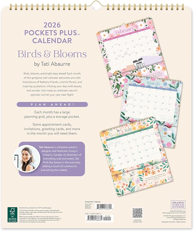 Orange Circle Studio Pockets Plus Wall Calendar 2026, Birds & Blooms, Large Monthly Planner, Hanging Organizer, Aesthetic for Home Office, Classroom, School, Family Calendar, Easy Planning