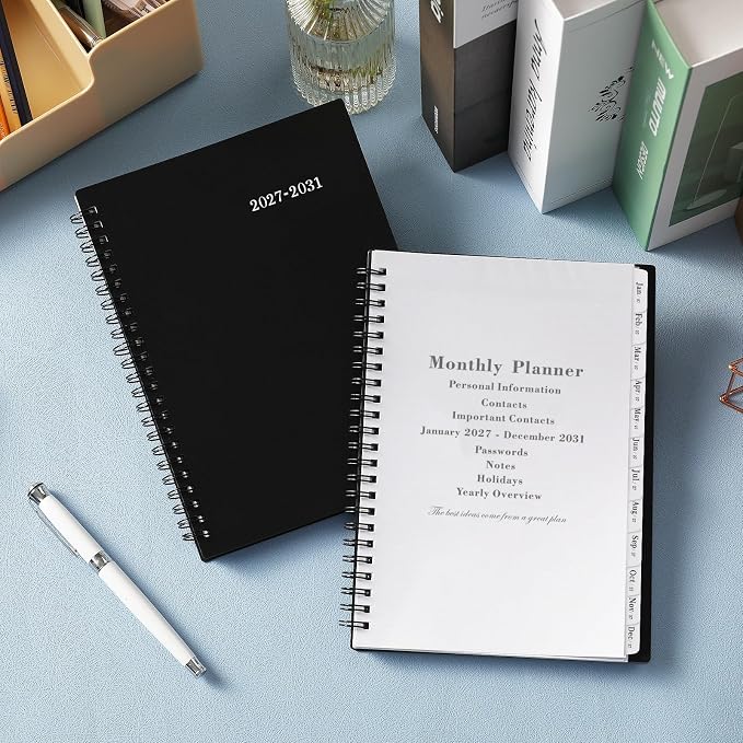 2027-2031 Monthly Planner/Calendar - Jan. 2027 - Dec. 2031, Monthly Planner, 5 Year, 6.2" x 8.3", Multi Year Calendar 2027-2031 with Twin-Wire Binding, Tabs, Storage Pocket - Black