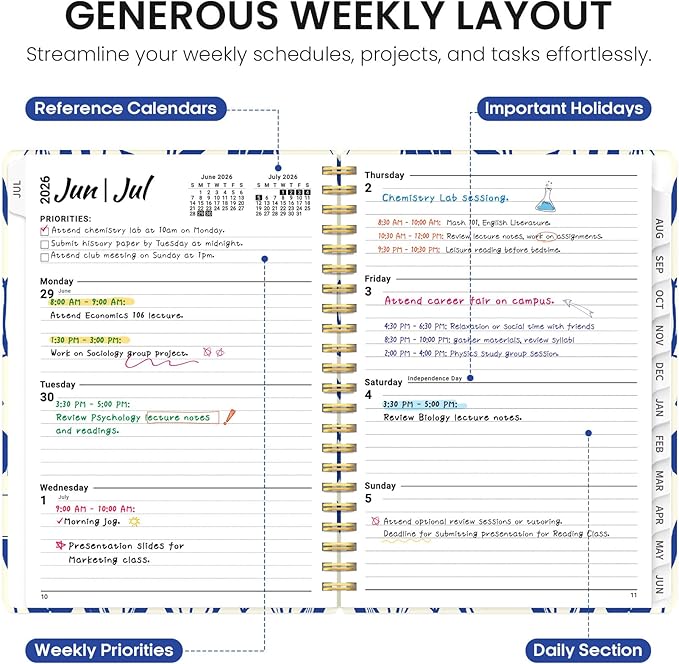 Planner 2026-2027, Academic Year Weekly and Monthly Calender Planner, from Jul 2026 - Jun 2027, Spiral Bound School Planning Book, Perfect for Teacher, Student, Women & Men, A5 (6.3" x 8.5"), Indigo Tulips