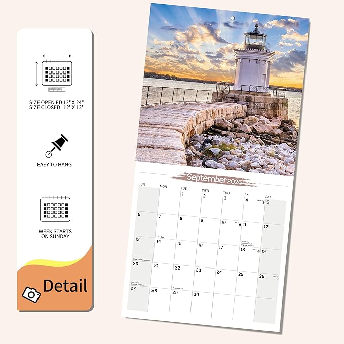 2026 Wall Calendar, Planner Calendar 2026 - Lighthouse Hangable Monthly Wall Calendar with Large Blocks for Organizing & Planning, Academic Schedule, Home, Office & family, Thick & Sturdy Paper (12"x24" Open)