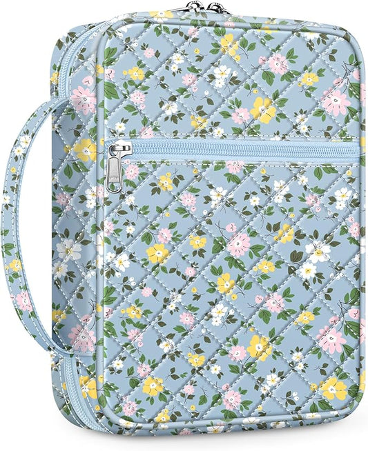 FINPAC Bible Cover, Carrying Book Case Church Bag Bible Protective with Handle and Zippered Pocket, Gift for Mother Lady Women, Floral Dusty Blue