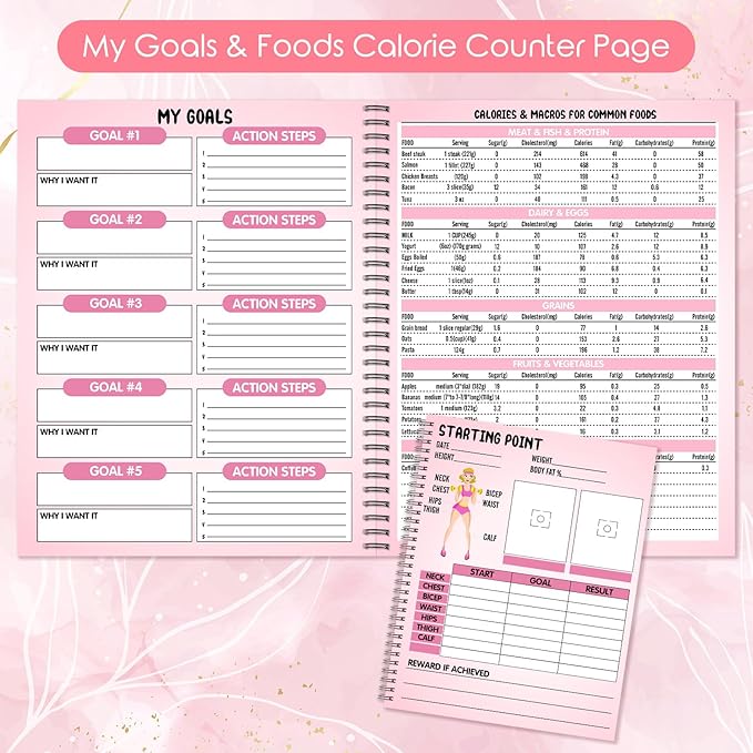 Harloon Food and Fitness Journal for Women Weight Loss Tracker Planner Workout Dairy Wellness Log Notebook with Calendar Calorie Counter Diet Meals Christmas Health Gift for Women Mom Wife, 8.5 x 11''