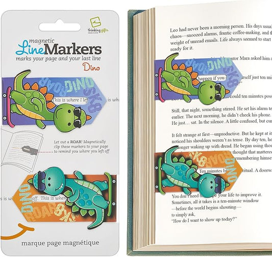 Gifts for Readers & Writers Linemarker Bookmark, 2 Pack Magnetic Bookmarks, Includes Line Finder Slit for Easy Line Tracking, Small & Cute Stationery, Book Page Holder, Reading Accessories, Dino