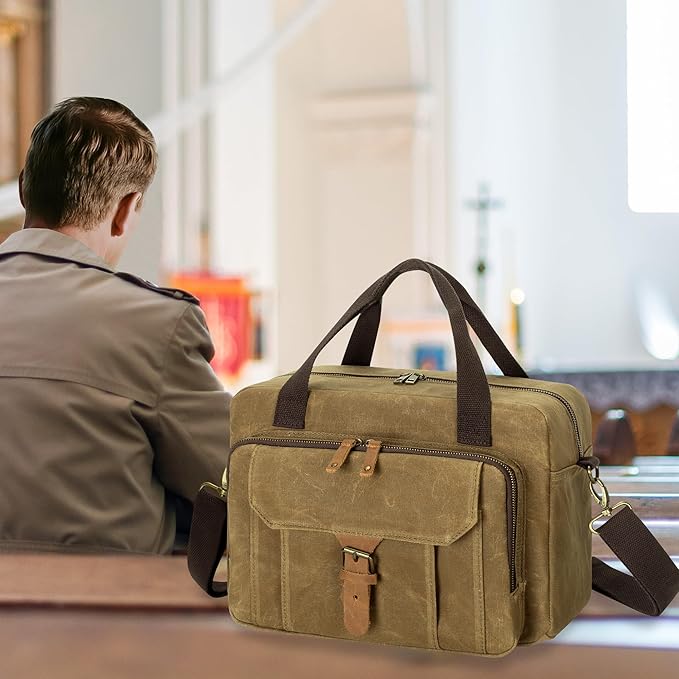 Damero Bible Tote Bag for Men, Large Bible Bag with Cup Holder, Waxed Canvas Church Bag Bible Cover Bag with Detachable Shoulder Strap