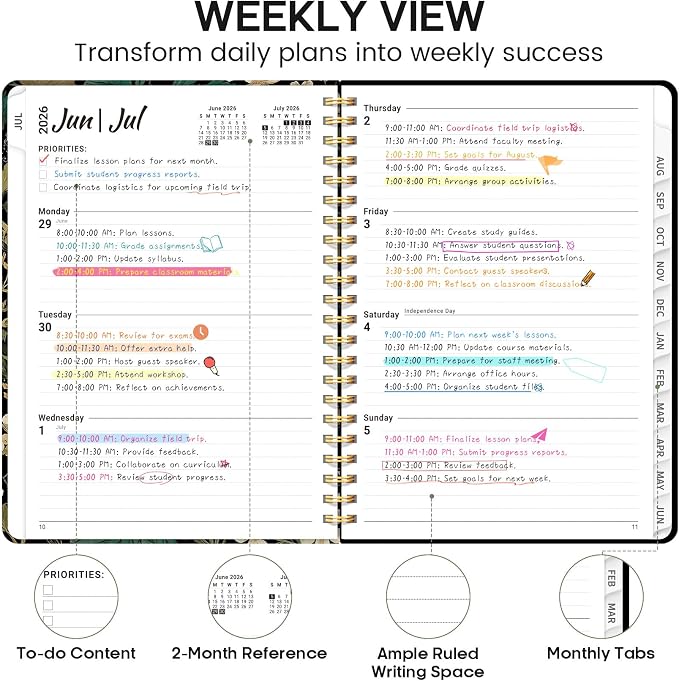 Academic Planner 2026-2027, Weekly and Monthly Calendar Book, July 2026 – June 2027, Hardcover Planner with Tabs, Perfect for Teachers, Students, Women & Men, A5 (6.4" x 8.5") - Forest Botanica