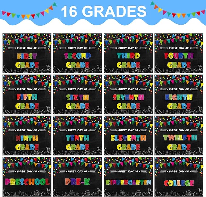 WaaHome First Day of School Chalkboard Sign - 8''x10'' First Day of Kindergarten Preschool Sign Back to School Signs for Kids Girls Boys, Reusable, 16 Grades