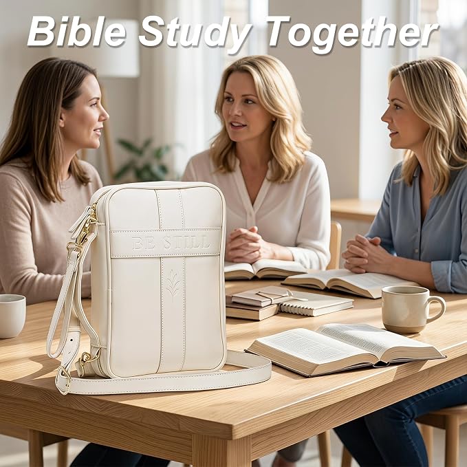 Bible Cover Case for Women, Vegan Leather Bible Carrying Case with Strap and Zipper, Bible Study Kit with Journal, Pens, Tabs and Sticky Notes, Large Bible Bag for Church, Ideal Gift (Beige)