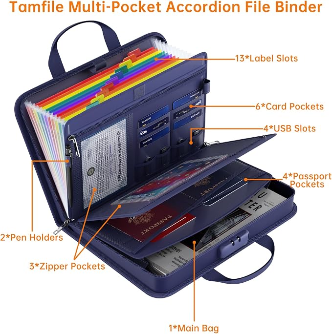 Fireproof Accordion File Organizer with Lock, 5200℉ Document Organizer | Thickened, 13 Colorful Pocket, with Zipper & Labels, Important Document Organizer, Expanding File Folder, with Handle, Black