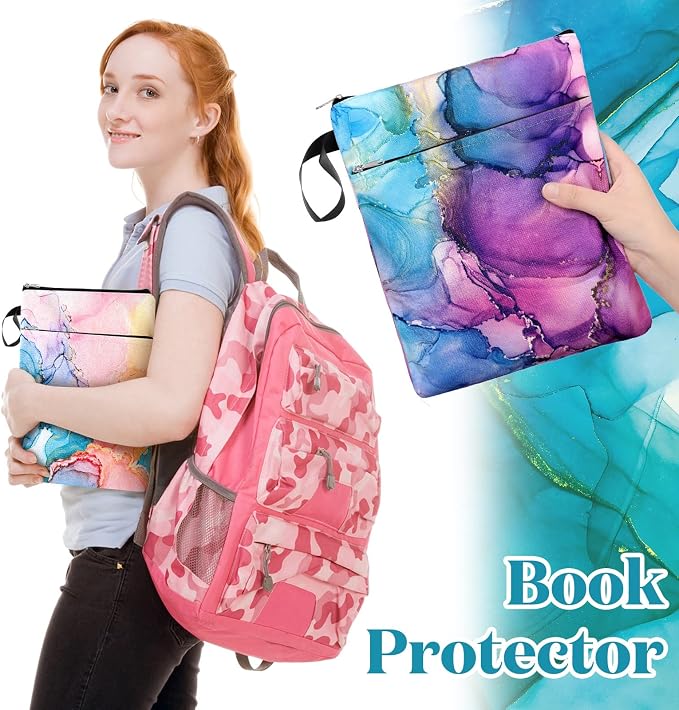 6 Pcs Book Sleeve with Zipper Book Covers for Paperbacks and Laptop Sleeve, Hardcover Marble Printed Pouch Bags for Graduation Women Girl Readers Librarian Accessories Club Gifts, 11 x 8.7 Inch