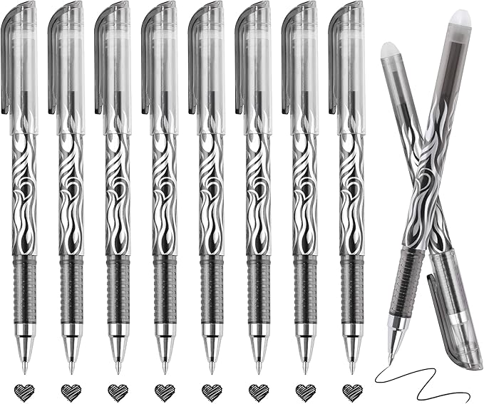 RIANCY 8 Pack Black Ink Erasable Gel Pens, 0.5mm Fine Point, Flame Patterned Barrel, Comfortable Grip, with Eraser, Ideal for Journaling, School Work, Office Tasks, Note Taking, DIY Projects