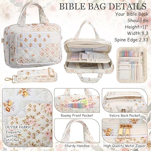 Capoda Bible Cover Case for Women, Bible Tote Bibles Study Supplies with Notebook Highlighters Ballpoint Pen Sticky Notes Scripture Card for Mother's Day Christian Gifts Women Mom Girls(Flower,Orange)