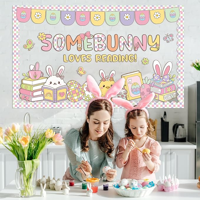 Easter Reading Bulletin Board Set Spring Classroom Decoration Easter Bunny Bulletin Board Egg Paper Cutouts for School Nursery Home Door Wall Party Chalkboard Wall Decor