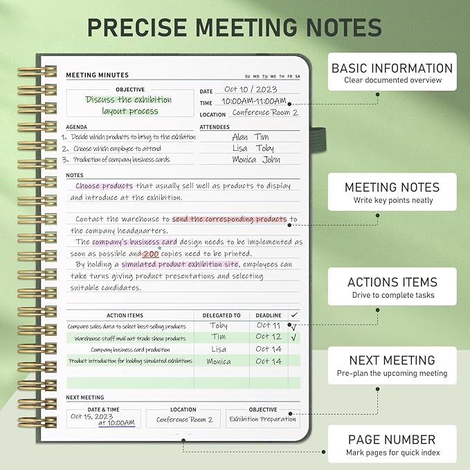 WEMATE Meeting Notebook for Work B5 (7"x10") - PU Leather Work Notebook with Agenda, Action Items & Notes - 200 Pages for Men&Women, Staff and Students, Meeting, Projects Planning - Olive Green