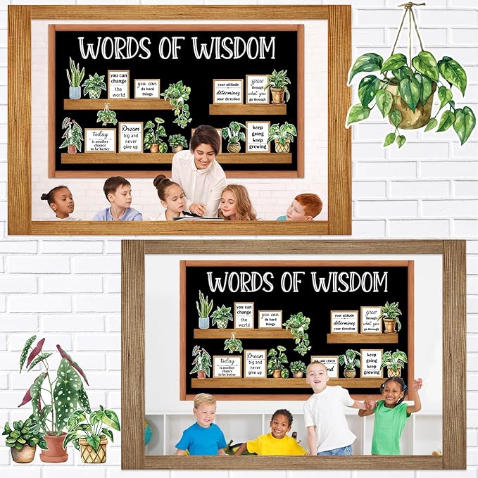 Greenery Bookshelf Bulletin Board Set Plant Motivational Classroom Decor Inspirational Quote Frame Potted Plant Cutout for Back to School Spring Party Home Office Reading Library Chalkboard Wall Decor