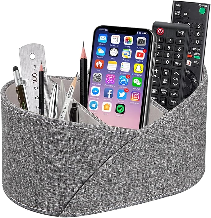 PU Leather TV Remote Control Holder with 3 Compartments, Bedside Table Remotes Caddy, Office Desk Accessories and Workspace Organizers, Storage Box to Store Pen, Controllers, Media Player, Cosmetics