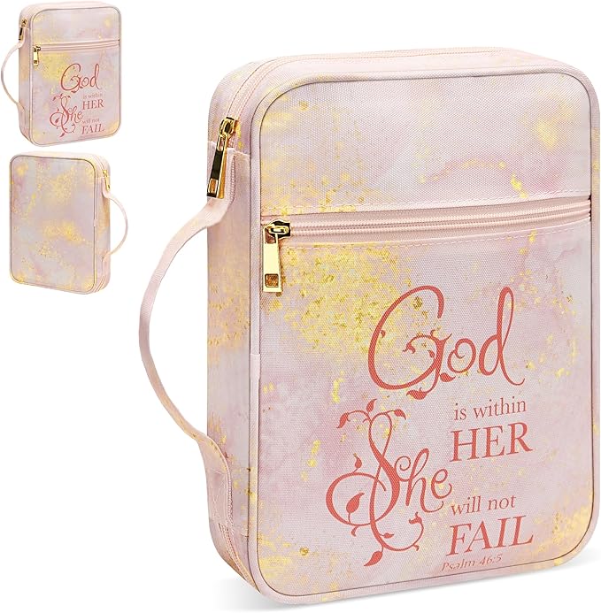 Bible Cover for Women, Bible Holder, Bible Cover Carrier Carrying Organizer Bag, God is Within Her She Will Not Fall, Zipper and Pockets for Standard Size Bible, Gift for Women（Pink Marble）