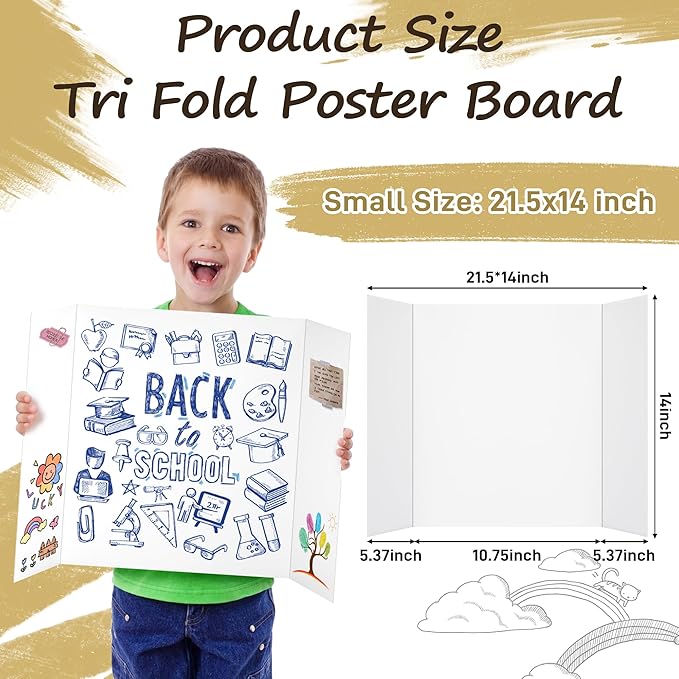PSHVYM 12 Pcs Small Trifold Poster Board, 21.5 x 14 inches Poster Board with Double Sided Tapes and Cardboard, Corrugated Presentation/Display Board for School Project, Science Fair, Business