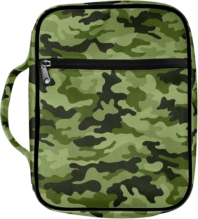 FDANDNDE Green Camo Bible Case with Handles and Zippered, Kid Bible Cover for Church Study Bible, Bible Cover Easy to Cleaning
