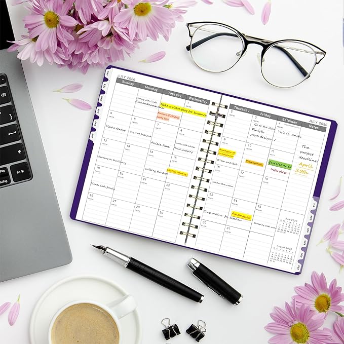 Ymumuda 2026 Planner, Daily Weekly and Monthly Planner，Jan 2026 - Dec 2026, 8.4" x 6.3", 2026 Calendar Planner Book with Tabs, Spiral Notebook with Inner Pocket for Office Home School Supplies