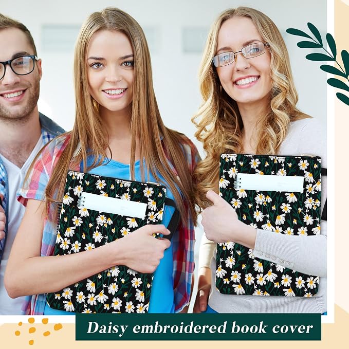 12''x9'' Daisy Embroidered Book Sleeve with Cotton Lining with Handle and Zipper Book Protector for Paperback and Hardcover, Christmas Ideal Gift Book Sleeve Pouch for Book Lovers(Black)