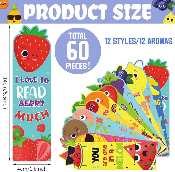 Fainne 60 Pieces Fruit Scented Bookmarks Kids Bulk Scratch and Sniff Classroom Valentines Day Back to School Bookmarks Gift Stuff for Students Christmas End of Year Graduation Birthday Favor