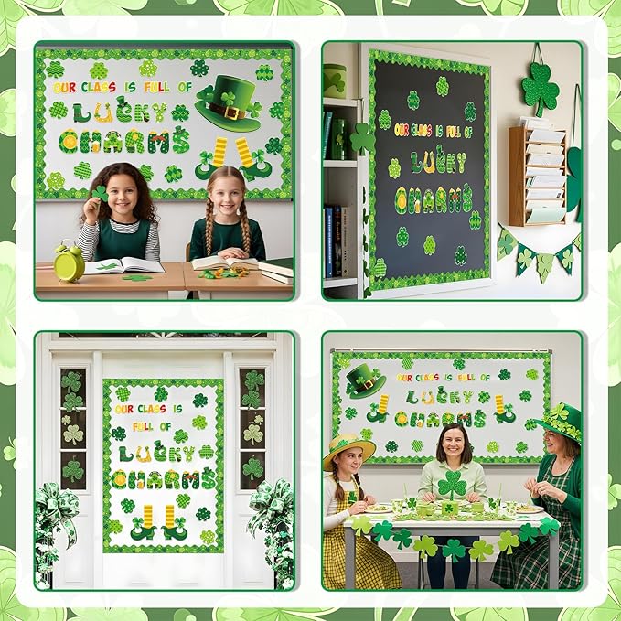 St.Patricks Day Bulletin Board Decorations Set Lucky Shamrock Borders Cutouts Our Class is Full of Lucky Charms Bulletin Board Borders for Green Irish Holiday School Home Chalkboard Wall Door Decor