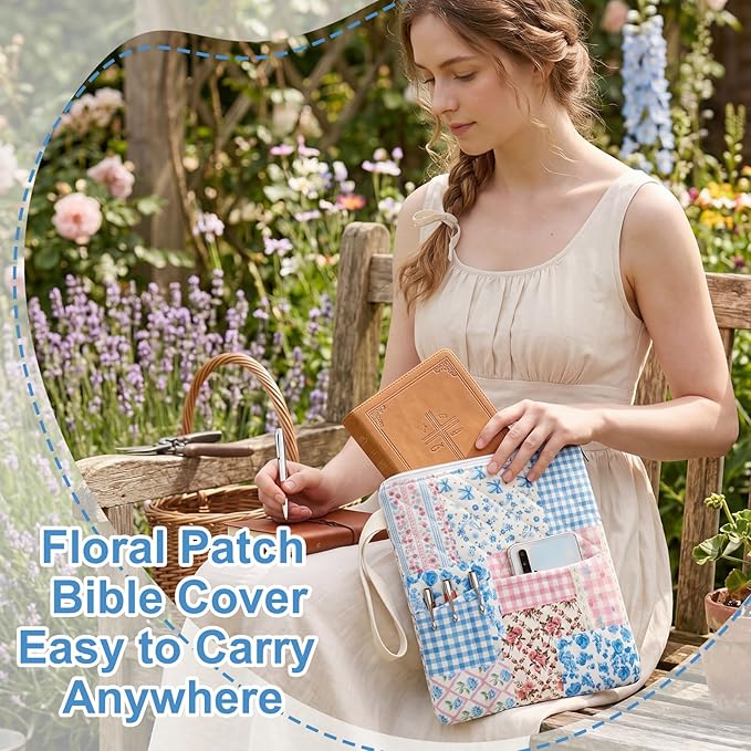 Gilprop Blue Spliced Bible Book Sleeve with Zipper 11" x 9" Padded Protector Washable Quilted Book Covers Printed Bible Pouch with Handle Pockets Protector for Books Lover Christian Gifts