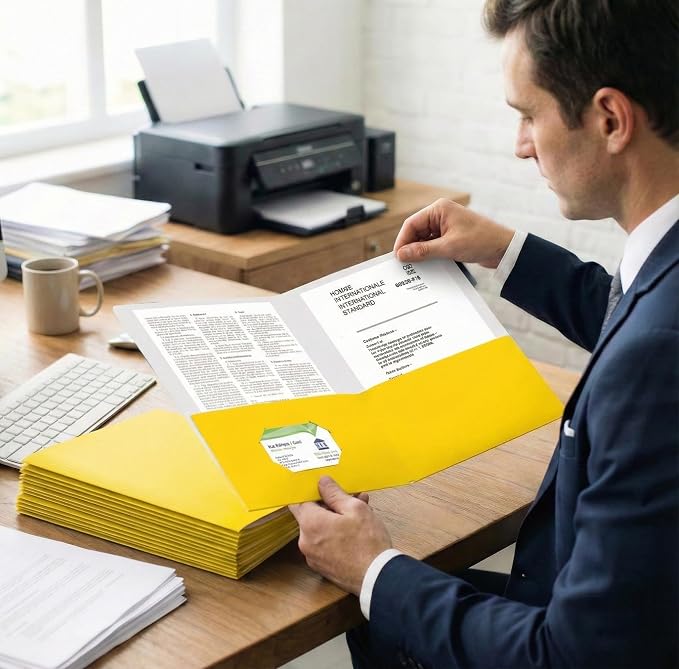Zzrywuty 50 Packs Yellow Two Pocket File Folders with Business Card Slot,Textured Paper,Letter Size,Holds 100 Plus Sheets for School,Office,Business