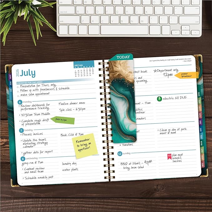HARDCOVER Academic Year 2026-2027 Planner: 14 Months (May 2026 Through June 2027) 8.5"x 11" Daily Weekly Monthly Planner Yearly Agenda. Bookmark, Pocket Folder and Sticky Note Set (Teal Gold Marble)