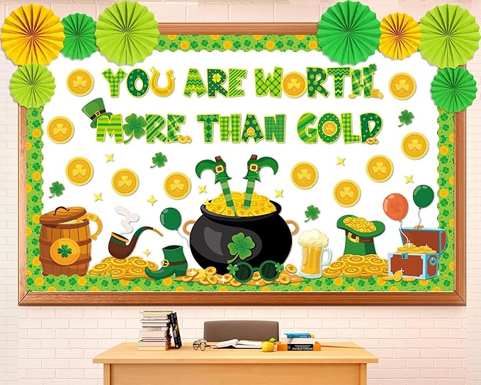 St. Patrick's Day Bulletin Board Classroom Decorations with 3D Paper Fans You are Worth More Than Gold for Lucky Shamrock Clover Gold Coin Cutouts Bulletin Board for Irish Holiday School Wall Decor