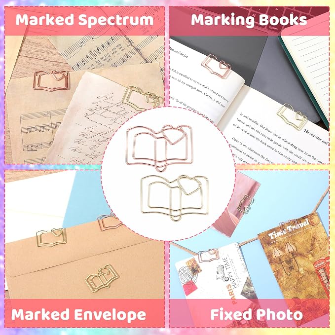 Book Shape Paper Clips Bookmark, 30pcs Stainless Steel Book with Heart Paper Clip Gold and Rose Books Bookmark Funny Paperclips with Heart Document Organization Office School Desk Wedding Deco