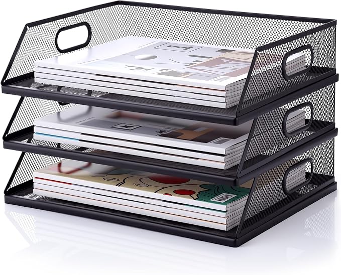 3 Pcs Paper Organizers Metal Mesh Desk Organizer Stackable Desk Tray Single Wire Mesh Organizer Front Load File Paper Holder for Desktop Office Home Classroom School