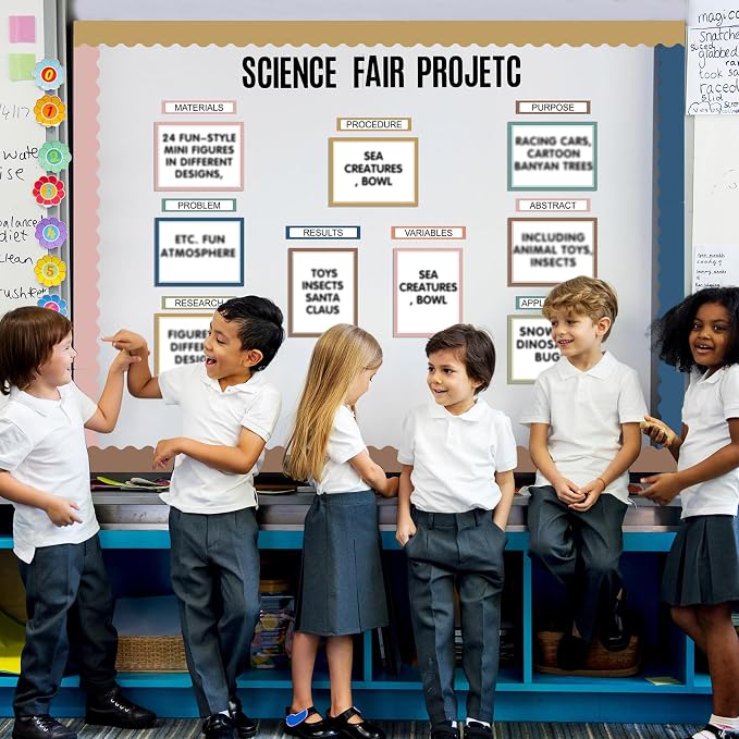 Sinload 92 Pcs Science Fair Board Supplies 60 Trim Scalloped Poster Boards 18 Presentation Subtitles 6 Project Titles 8 Letter Sticker for Classroom Display Boards(Classic Color,Wave)